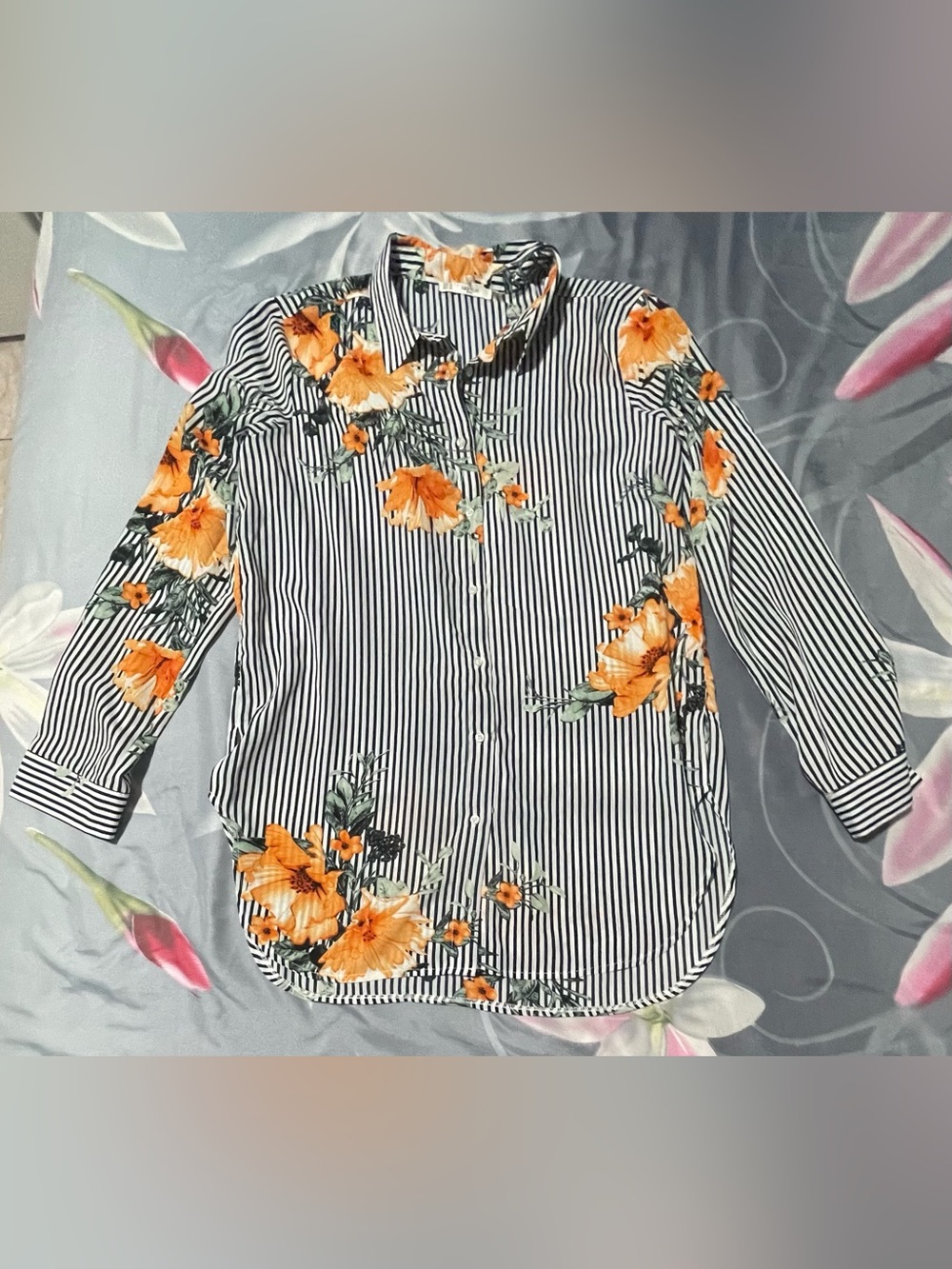 Floral Stripe Button-Down Shirt - Orange Floral